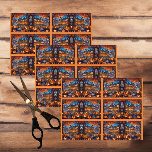 Papier Mousseline villa éffrayante dans la forêt, citrouilles, Hallo