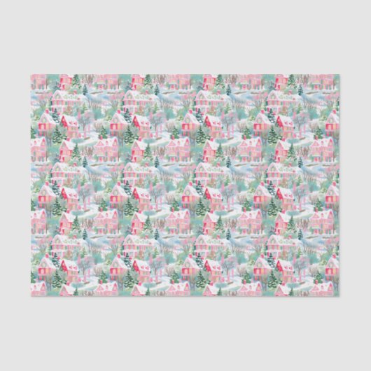 Papier Mousseline Village de Noël rose et vert (Recto)