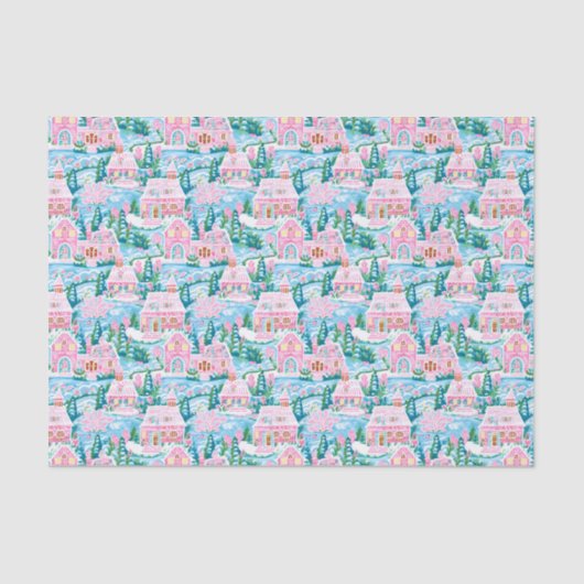 Papier Mousseline Village de pain d'épice rose et bleu de Noël (Recto)