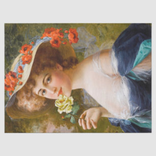 Papier Mousseline Vintage Belle Dame En Fleur Rose Jaune Bleu
