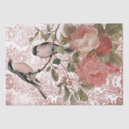 Papier Mousseline Vintage Birds et Rose Shabby Chic (Recto)