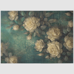 Papier Mousseline Vintage blanc rose or feuille vert émeraude
