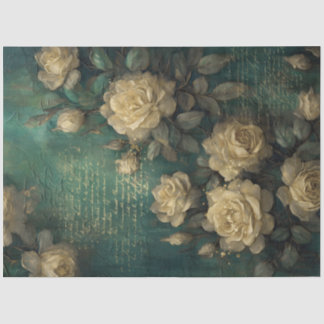 Papier Mousseline Vintage blanc rose or feuille vert émeraude