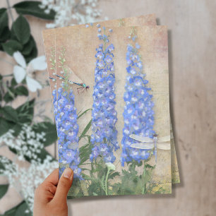 Papier Mousseline Vintage Bleu et Blanc Floral Aquarelle libellule