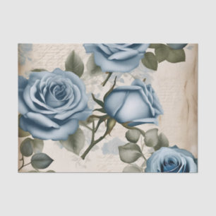 Papier Mousseline Vintage bleu Roses Shabby