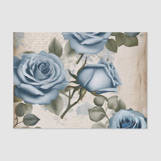 Papier Mousseline Vintage bleu Roses Shabby (Recto)