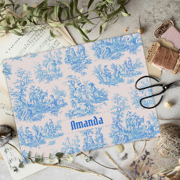 Papier Mousseline Vintage bleu turquoise toile jouy monogramme