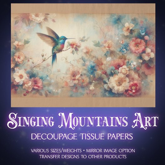 Papier Mousseline Vintage Boho Hummingbird and Flowers Decoupage