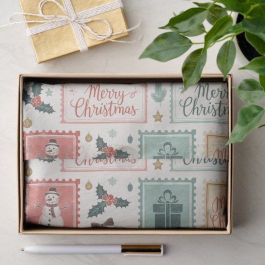 Papier Mousseline Vintage Christmas Postage Pattern (Cadeau)