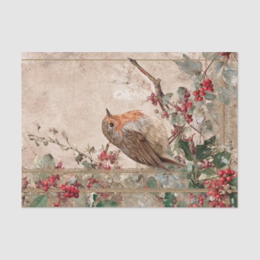 Papier Mousseline Vintage Christmas Robin and Cherries Decoupage (Recto)