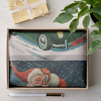 Papier Mousseline Vintage Christmas, Santa Claus in a Cute Car