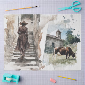 Papier Mousseline Vintage Cow Village Watercolor Woman Plaid Dress