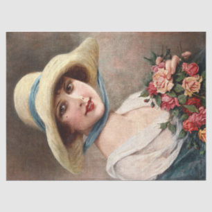 Papier Mousseline Vintage Dame Avec Bouquet De Découpage Rose