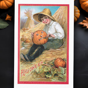 Papier Mousseline Vintage Farm Boy Carving Halloween Citrouille