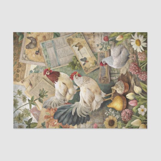 Papier Mousseline Vintage Farmhouse Rooster and Chicken Collage (Recto)