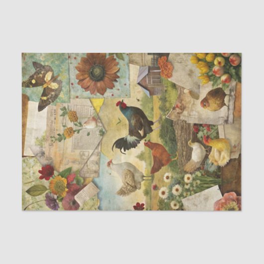 Papier Mousseline Vintage Farmhouse Rooster and Chicken Decoupage (Recto)