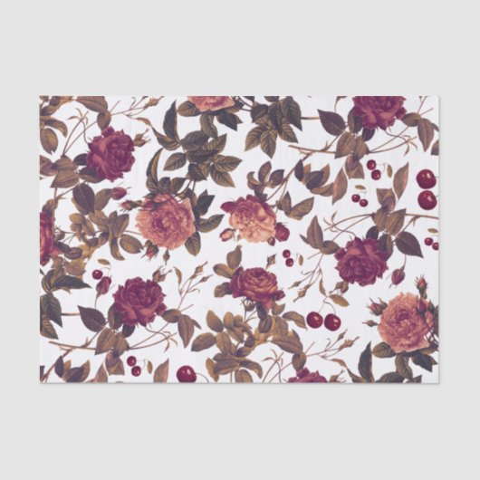 Papier Mousseline Vintage Floral Bourgogne Rose Cherry (Recto)