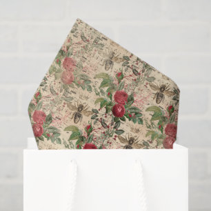 Papier Mousseline Vintage Floral Roses et abeilles