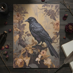 Papier Mousseline Vintage Goth Raven dans un Rose Bush Gold