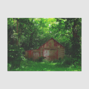Papier Mousseline Vintage grange rouge entourée d'une forêt superbe