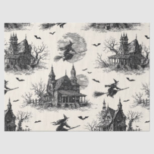 Papier Mousseline Vintage Haunted House and Witch Toile Motif (2)