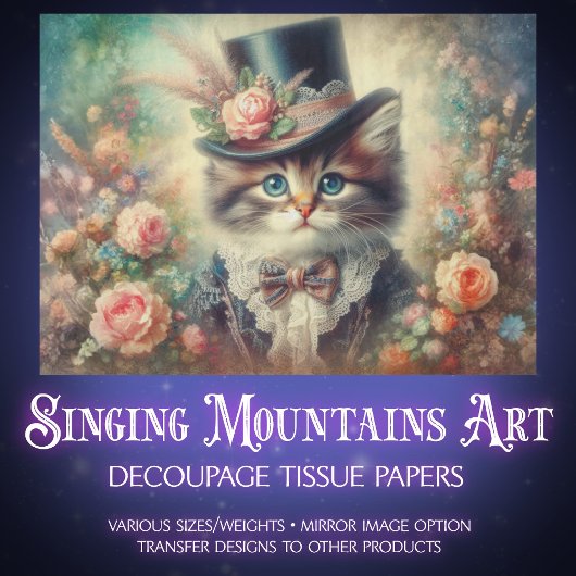 Papier Mousseline Vintage Heirloom Botanical Kitten Decoupage 