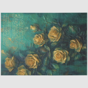 Papier Mousseline Vintage jaune roses feuille d'or émeraude vert pro