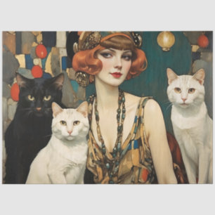 Papier Mousseline Vintage Jolie Femme Avec Chats Noirs & Blancs