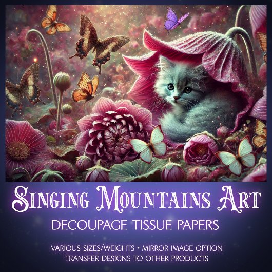 Papier Mousseline Vintage Kitten Butterfly Garden Decoupage