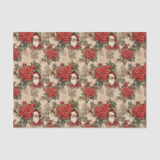 Papier Mousseline Vintage Looking Santa & Poinsettia Flower Pattern (Recto)