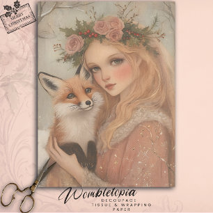 Papier Mousseline Vintage Noël mignonne scène fille & Fox découpage