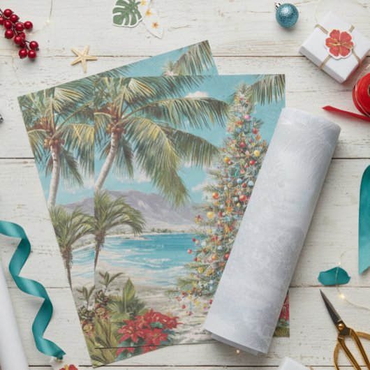 Papier Mousseline Vintage Noël Tropical Beach Palm Tree