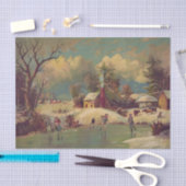 Papier Mousseline Vintage Peaceful Winter Village Ice Skating  (Artisanat)