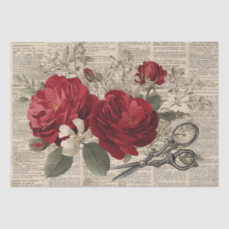 Papier Mousseline Vintage Red Rose & Scissors Botanical Collage