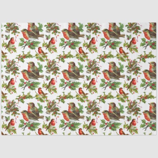 Papier Mousseline Vintage Robin Bird Holly Berries hiver (Recto)