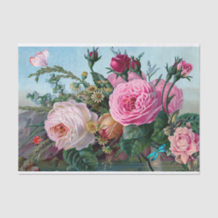 Papier Mousseline Vintage rose, rouge roses et buissons floraux