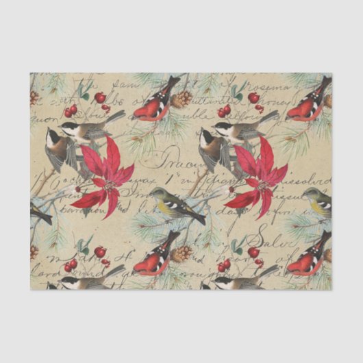 Papier Mousseline Vintage Rouge Poinsettia Oiseaux Script Noël (Recto)