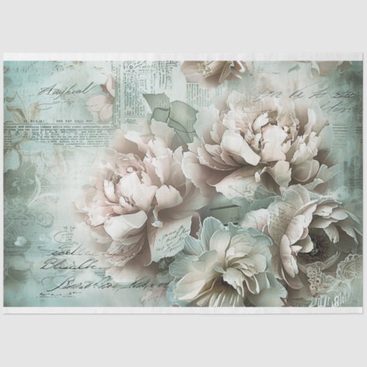 Papier Mousseline Vintage Sage Vert pivoines Découpage (Recto)