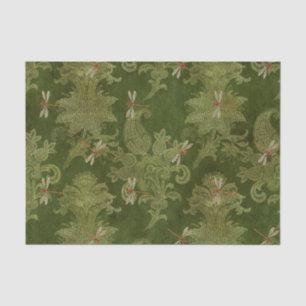 Papier Mousseline Vintage vert Damask Floral Orange Dragonlies