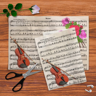 Papier Mousseline Violon et Rose Vintage Feuille Musique Tissu Papie