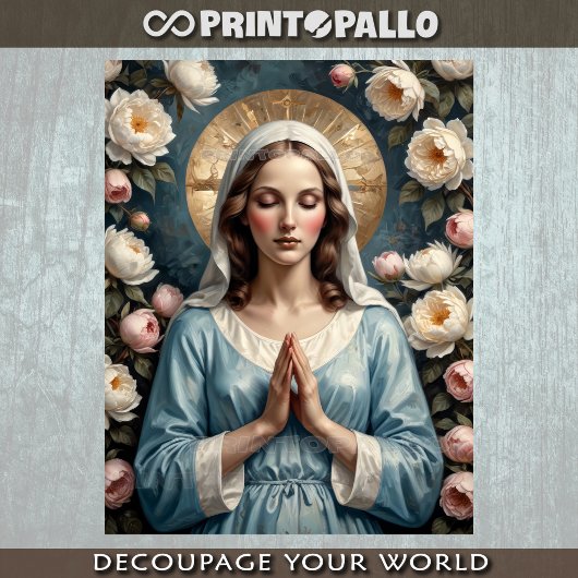 Papier Mousseline Virgin Mary surrounded by flowers pray for you