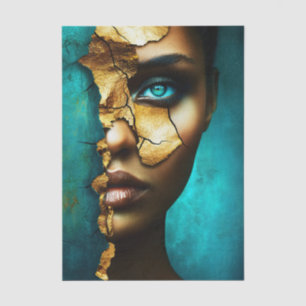 Papier Mousseline Visage de femme brune et Kintsugi or EM7R découpag