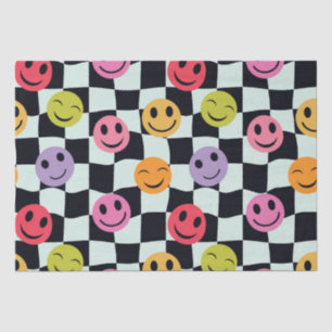 Papier Mousseline Visages heureux sur damier noir et blanc déformé