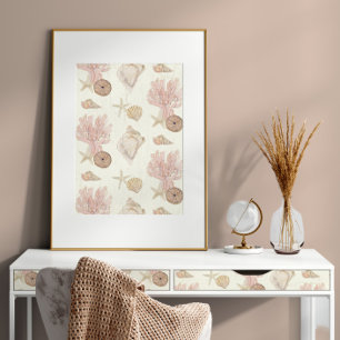 Papier Mousseline Watercolor Beach Sea Life Coral Starfish Seashells