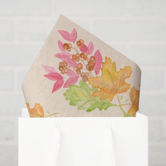 Papier Mousseline Watercolor Fall Leaves and Berries Paper (Sac cadeau)
