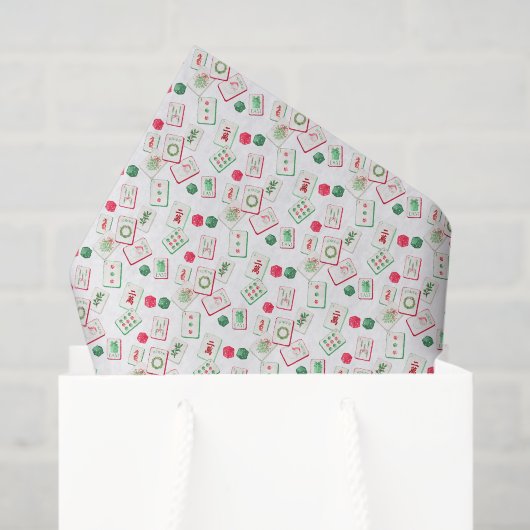 Papier Mousseline Watercolor Mahjong Red & Green Christmas Tiles (Sac cadeau)