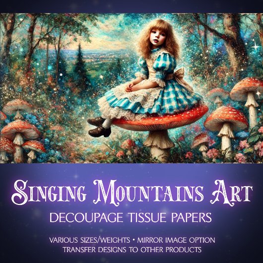 Papier Mousseline Watercolor Wonderland Alice Musroom Art Decoupage