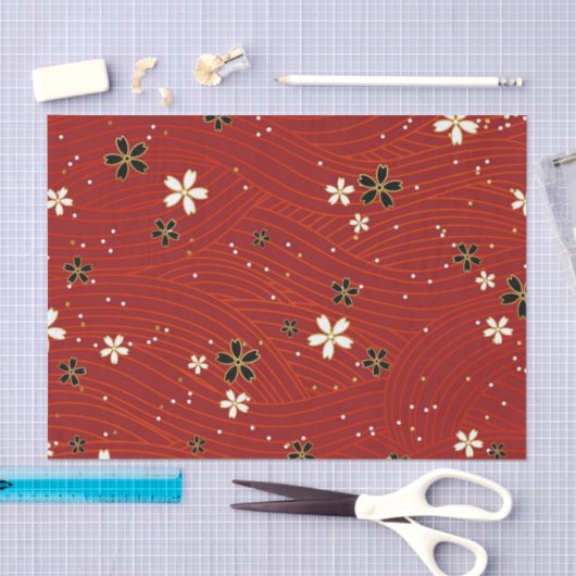 Papier Mousseline Wavy lines, adorned with black & white flowers (Artisanat)