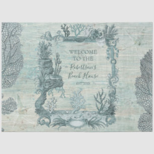 Papier Mousseline Welcome Beach House Coral Bleu Bois Découpage Tiss