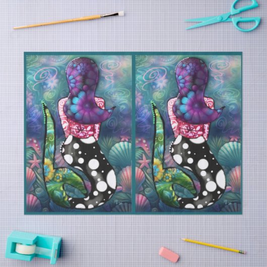 Papier Mousseline Whimsical Abstract Mermaid Nautical Teal Decoupage (Artisanat)